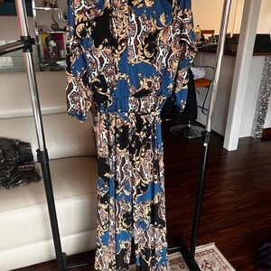 Elegant Blue and Black Paisley Jumpsuit